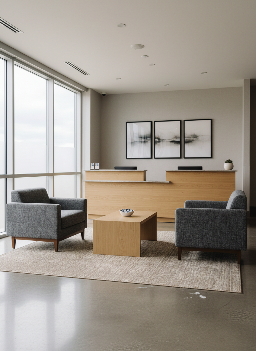 A tasteful hotel lobby seating area with two low-profile armchairs in textured charcoal fabric flanking a simple wooden coffee table, set atop a neutral woven rug. In the background, a reception desk with minimal decor and a key card bowl sits against a wall of understated artwork. Large floor-to-ceiling windows allow soft overcast daylight to wash across the space, subtly highlighting both polished and slightly scuffed surfaces. Photographed at eye level with a balanced, wide composition, the image feels calm, sophisticated, and unembellished, allowing viewers to judge common-area comfort, maintenance, and overall atmosphere without distraction or excessive styling.