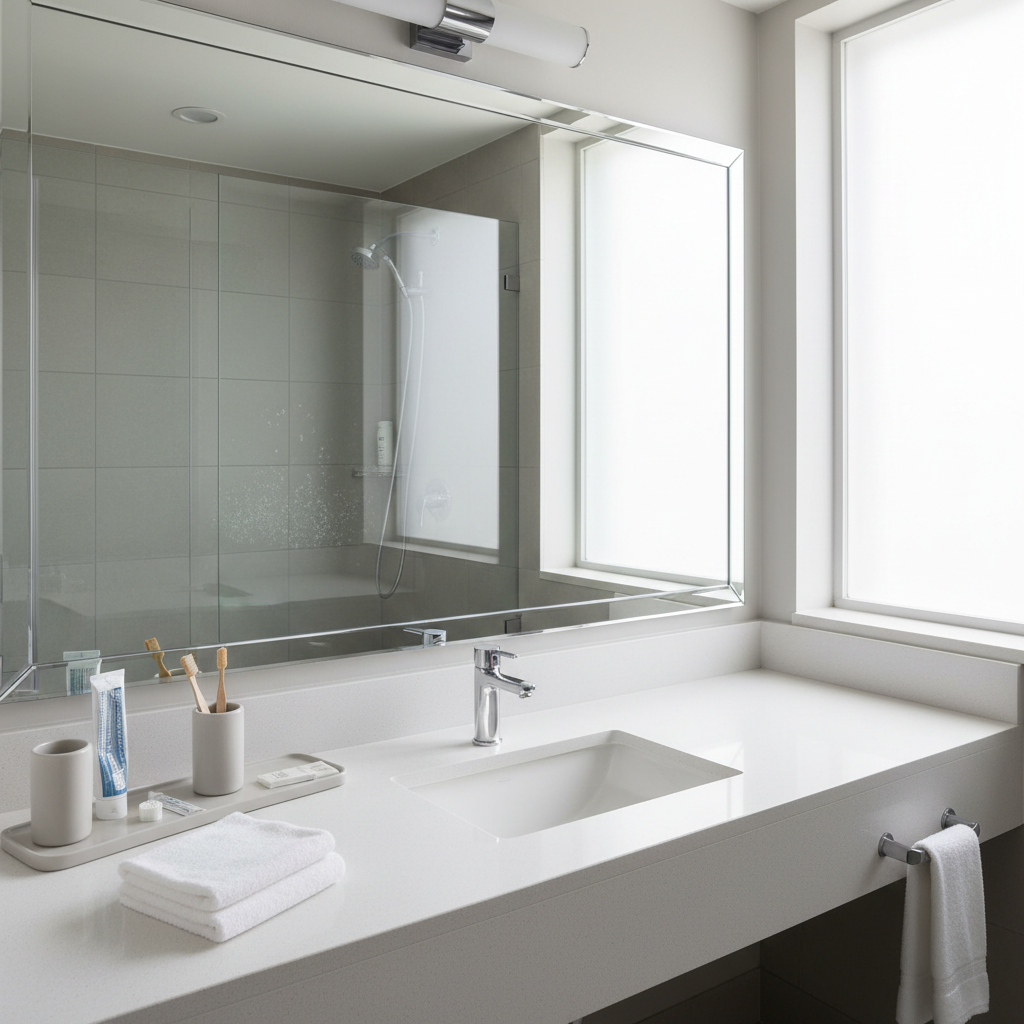 A modern hotel bathroom vanity with a generous stone countertop, under-mount sink, and polished chrome fixtures, captured in clean photographic realism. On the counter, a small arrangement of standard toiletries and a folded hand towel are neatly placed, with no excessive staging. A large frameless mirror reflects a walk-in shower with clear glass and simple tile work, subtly revealing both quality and minor wear. Cool white overhead lighting combines with faint natural light from a frosted window, creating balanced illumination. Shot from a slightly elevated, three-quarter angle with sharp focus, the image emphasizes cleanliness, layout, and authenticity, supporting clear assessment of amenities and value.